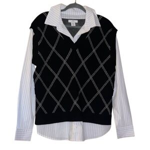 Halston Black Argyle Sweater Vest Attached Layered Blouse Women’s Size Large